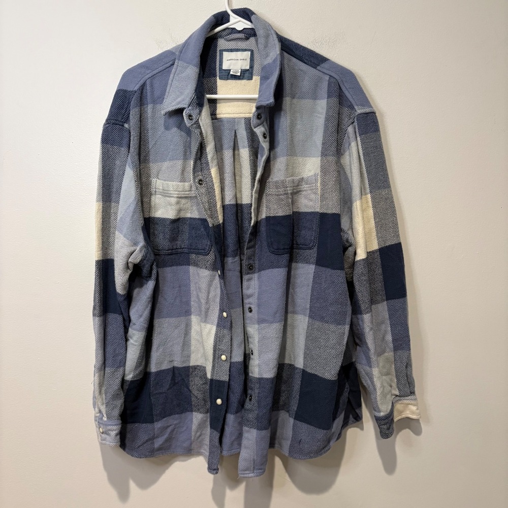 American Eagle Women Shacket XL Blue Plaid Cotton Flannel Warm Cottage Gorp Fall